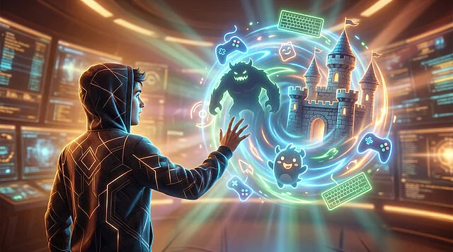 Jeux gratuits : immersion dans l'univers digital Jeune en hoodie interagit avec un portail holographique de jeux vidéo: château, monstre, créature, manette, clavier lumineux.
