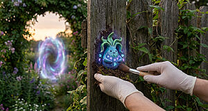Des mains gantées nettoient une créature Oddish runique lumineuse sur une clôture en bois, avec un portail mystique en spirale dans un jardin fleuri.