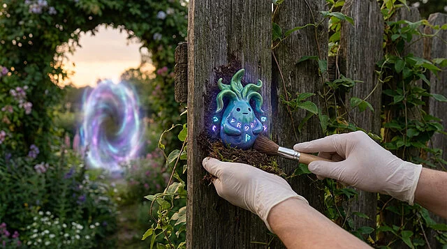 Oddish runique découvert près d'un portail dimensionnel Des mains gantées nettoient une créature Oddish runique lumineuse sur une clôture en bois, avec un portail mystique en spirale dans un jardin fleuri.