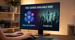 Mains jouant à l'ordinateur affichant les jeux gratuits Epic Games "Boxes Lost Fragments" et "My Night Job".