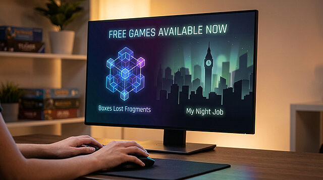 Jeux gratuits Epic : Boxes et My Night Job Mains jouant à l'ordinateur affichant les jeux gratuits Epic Games "Boxes Lost Fragments" et "My Night Job".