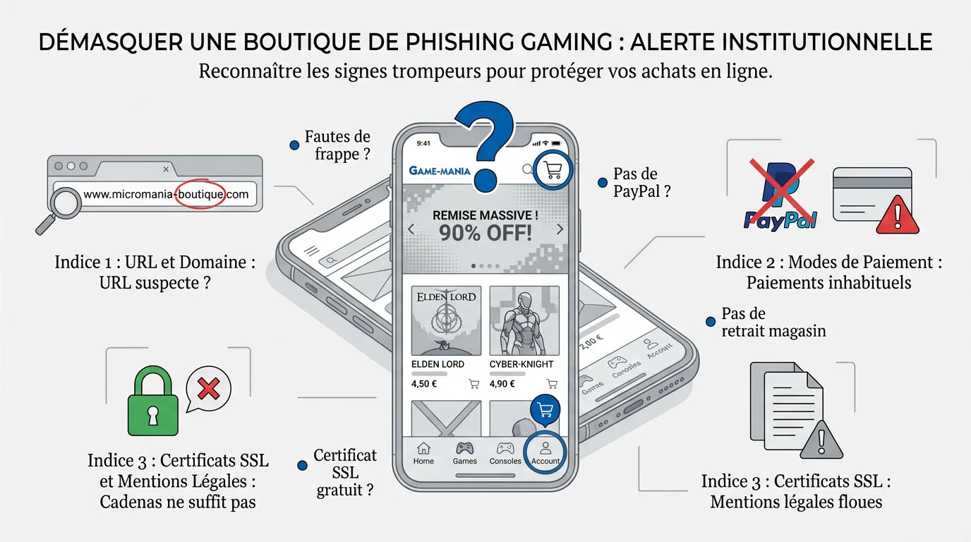 Illustration des signes d'alerte d'un site de phishing gaming imitant Micromania