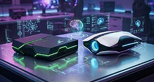 PS6 et Xbox Helix futures: Deux consoles futuristes, noire/verte et blanche/bleue, avec hologrammes de données.