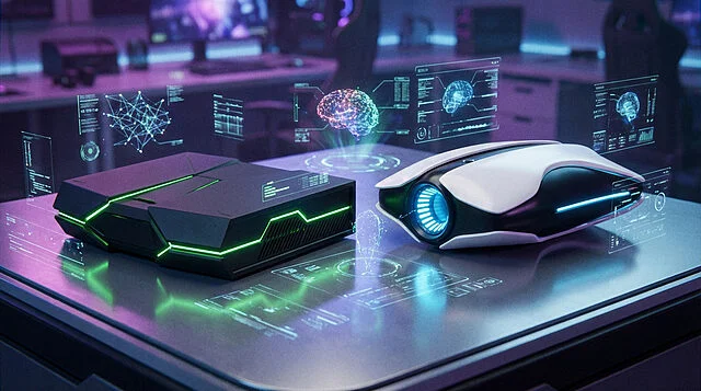 PS6 et Xbox Helix : Le Choc des Consoles Futures PS6 et Xbox Helix futures: Deux consoles futuristes, noire/verte et blanche/bleue, avec hologrammes de données.