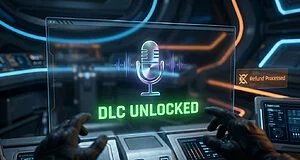 Écran futuriste affiche un micro et « DLC UNLOCKED ». Des mains gantées interagissent avec des commandes, « Refund Processed » à droite.