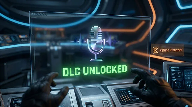 DLC Space Marine 2: Pack de voix débloqué et remboursé Écran futuriste affiche un micro et « DLC UNLOCKED ». Des mains gantées interagissent avec des commandes, « Refund Processed » à droite.