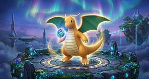 Dracolosse, Pokémon Dragon/Vol, tient une Méga-Gemme brillante sur un socle runique flottant sous une aurore boréale.