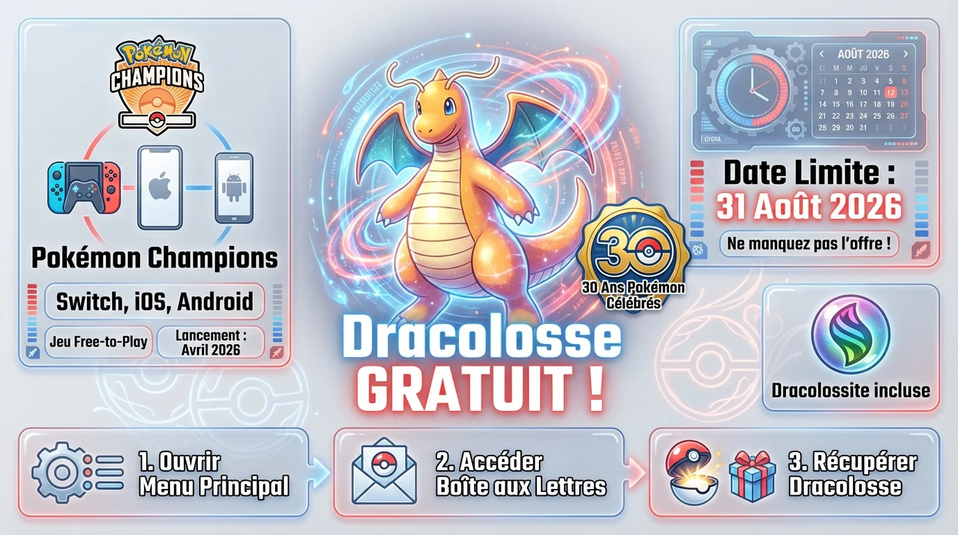 Dracolosse et sa Méga-Gemme offerts dans Pokémon Champions pour le 30e anniversaire