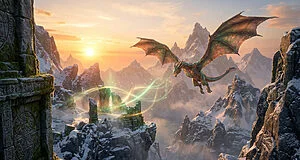 Dragon volant au-dessus de montagnes enneigées et de ruines antiques irradiantes de magie verte au lever du soleil, ambiance Skyrim.