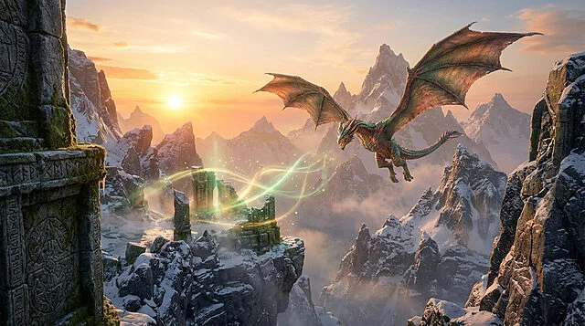 Dragon volant au-dessus de montagnes enneigées et de ruines antiques irradiantes de magie verte au lever du soleil, ambiance Skyrim.
