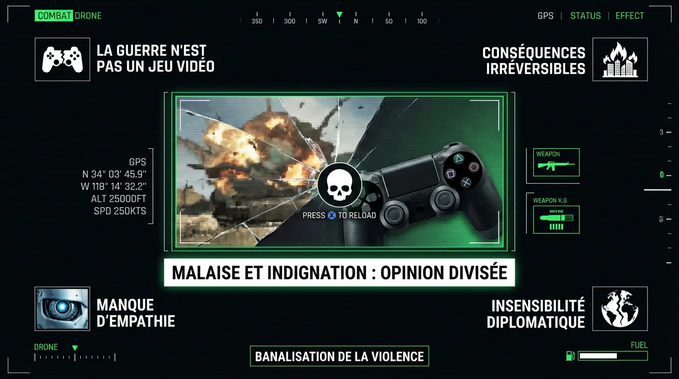 Interface de drone de combat rappelant l'esthétique d'un jeu vidéo de tir