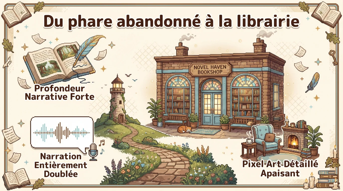 Une librairie cosy aménagée dans un phare en pixel art