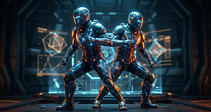 Deux Spartans en armure sci-fi noire et bleue lumineuse, posant dans un décor futuriste. Évoque le jeu Halo.
