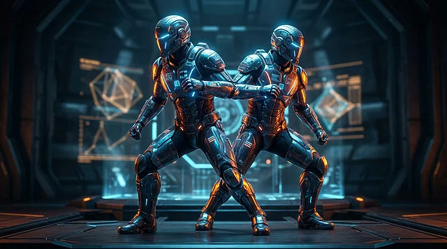 Le Pack Spartan Halo en promo sur Steam Deux Spartans en armure sci-fi noire et bleue lumineuse, posant dans un décor futuriste. Évoque le jeu Halo.