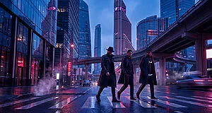 Trois hommes traversent une rue de ville moderne, sous des gratte-ciel et autoroutes, avec néons bleus et rouges sur le sol mouillé.