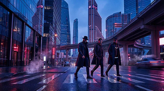 Scène de nuit urbaine aux néons et passants Trois hommes traversent une rue de ville moderne, sous des gratte-ciel et autoroutes, avec néons bleus et rouges sur le sol mouillé.