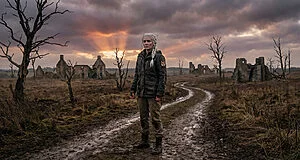Ciri aux cheveux tressés, veste militaire avec un emblème de lynx, debout sur un chemin boueux au milieu de ruines.