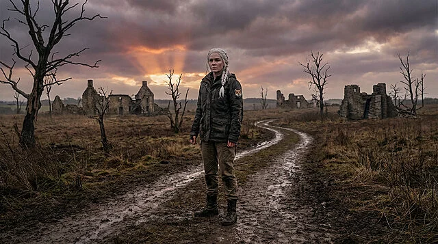 Ciri de l'école du Lynx dans un monde en ruines Ciri aux cheveux tressés, veste militaire avec un emblème de lynx, debout sur un chemin boueux au milieu de ruines.