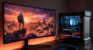 Setup gaming moderne : moniteur incurvé avec scène de jeu, tour PC lumineuse, clavier et souris sur bureau en bois.