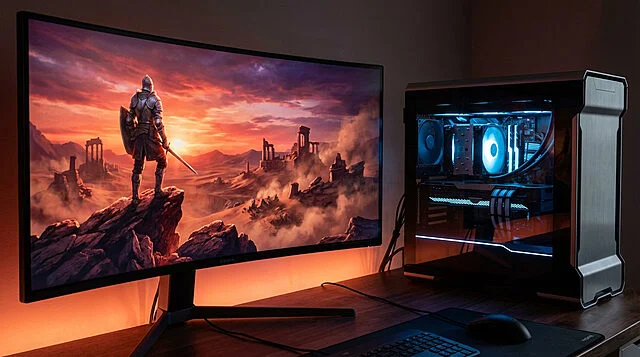 Prêt pour Crimson Desert : PC Gaming et écran incurvé Setup gaming moderne : moniteur incurvé avec scène de jeu, tour PC lumineuse, clavier et souris sur bureau en bois.