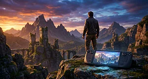 Un homme contemple un paysage montagneux épique avec châteaux et ponts, tandis qu'une console Steam Deck affiche une scène similaire.