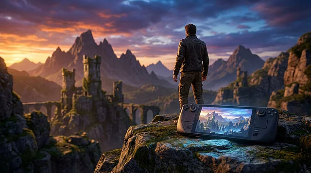 L'immensité du monde ouvert dans le creux de la main Un homme contemple un paysage montagneux épique avec châteaux et ponts, tandis qu'une console Steam Deck affiche une scène similaire.