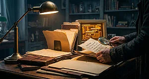 Mains décryptant un document ancien à la loupe sous une lampe de bureau, avec un écran d'ordinateur affichant des codes cryptiques.