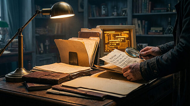 Décryptage des indices: La quête de Resident Evil Requiem Mains décryptant un document ancien à la loupe sous une lampe de bureau, avec un écran d'ordinateur affichant des codes cryptiques.