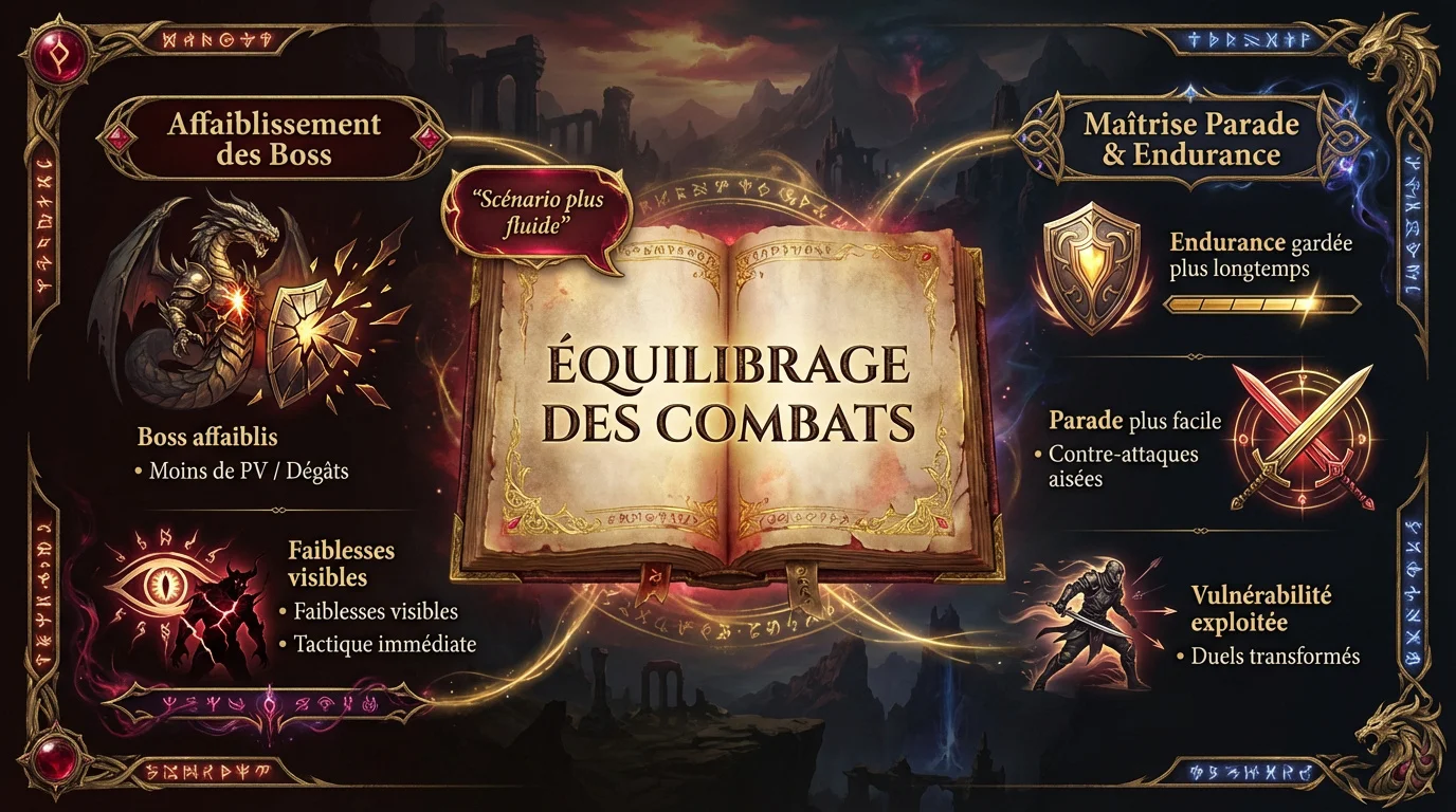 Interface de combat RPG montrant les statistiques de boss et les jauges de vulnérabilité