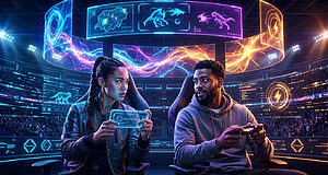 Deux joueurs rivaux s'affrontent dans une arène e-sport futuriste éclairée au néon, avec des écrans montrant des cartes et des créatures.