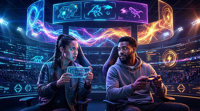 Duel stratégique e-sportif des Champions 2026 Deux joueurs rivaux s'affrontent dans une arène e-sport futuriste éclairée au néon, avec des écrans montrant des cartes et des créatures.