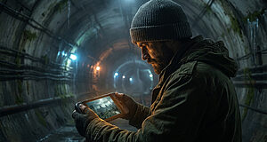 Homme en bonnet et veste, barbu, regardant une tablette dans un tunnel de métro sombre. L'écran affiche une ville post-apocalyptique.