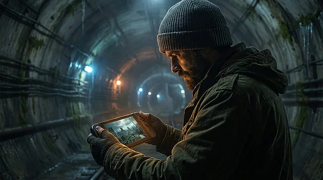 Metro Redux : l'ambiance sombre à portée de main Homme en bonnet et veste, barbu, regardant une tablette dans un tunnel de métro sombre. L'écran affiche une ville post-apocalyptique.
