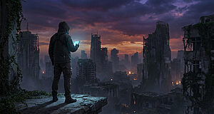 Personne encapuchonnée de dos sur un rebord, tenant une tablette lumineuse, regardant une ville en ruines au crépuscule.