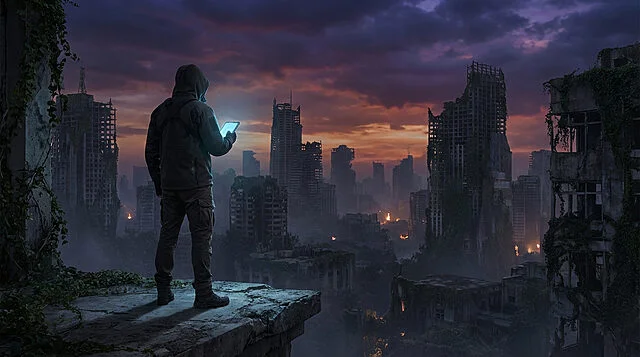Personne encapuchonnée de dos sur un rebord, tenant une tablette lumineuse, regardant une ville en ruines au crépuscule.