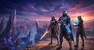 Trois personnages futuristes en armure observent un paysage extraterrestre rocheux avec des cristaux brillants et une cité lointaine sous un ciel coloré.
