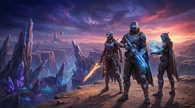 Trois personnages futuristes en armure observent un paysage extraterrestre rocheux avec des cristaux brillants et une cité lointaine sous un ciel coloré.