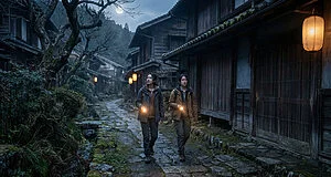 Deux jeunes femmes avec des lampes de poche marchent sur un chemin pavé dans un village japonais traditionnel sombre sous la pleine lune.