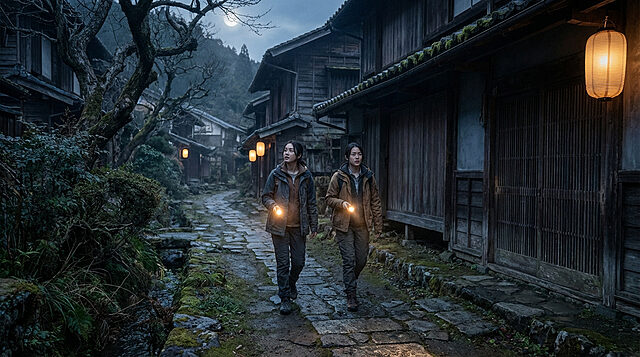 Exploration nocturne dans Fatal Frame 2 Deux jeunes femmes avec des lampes de poche marchent sur un chemin pavé dans un village japonais traditionnel sombre sous la pleine lune.