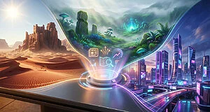 Interface projetant un désert avec château, une forêt mystique et une ville futuriste néon, illustrant la diversité des mondes de jeux vidéo.