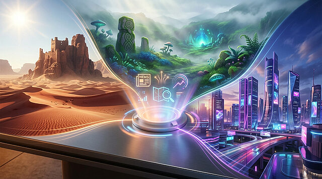 Univers de jeux : Fantaisie, Nature et Futur interconnectés Interface projetant un désert avec château, une forêt mystique et une ville futuriste néon, illustrant la diversité des mondes de jeux vidéo.