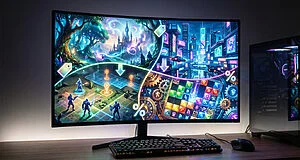 Écran de jeu incurvé lumineux montrant des univers fantasy et cyberpunk, avec clavier, souris et tour PC. Icônes de promo.