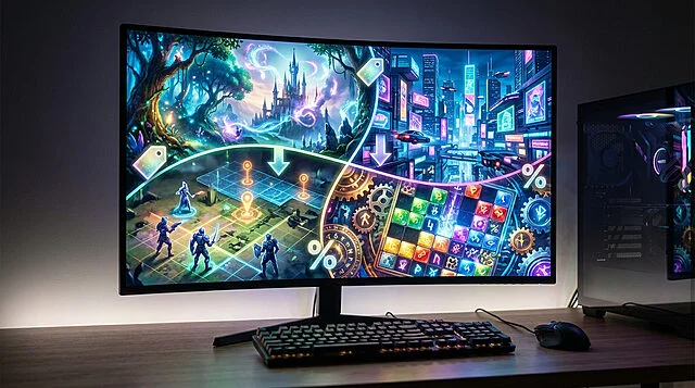Écran de jeu Steam : Fantasy, Cyberpunk et promos Écran de jeu incurvé lumineux montrant des univers fantasy et cyberpunk, avec clavier, souris et tour PC. Icônes de promo.