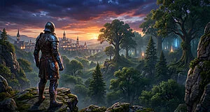 Vue arrière d'un chevalier en armure sur une falaise rocheuse, face à un paysage fantastique avec château, forêt magique, et coucher de soleil vibrant.
