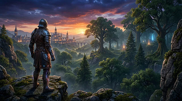 Vue épique sur le royaume de Crimson Desert Vue arrière d'un chevalier en armure sur une falaise rocheuse, face à un paysage fantastique avec château, forêt magique, et coucher de soleil vibrant.