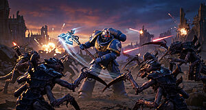 Un Space Marine en armure bleue manie une hache lumineuse contre des Tyranides sur un champ de bataille dévasté au crépuscule.