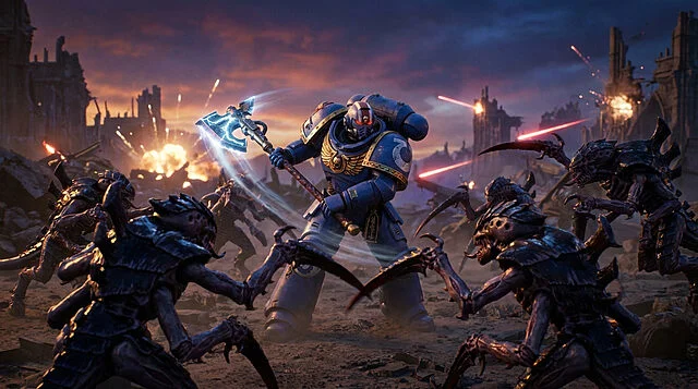 Space Marine 2 : L'Ultramarine face à la horde Tyranide Un Space Marine en armure bleue manie une hache lumineuse contre des Tyranides sur un champ de bataille dévasté au crépuscule.