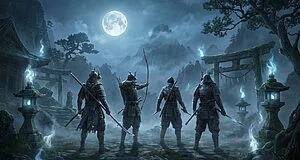 Quatre samouraïs en armure dans un paysage japonais brumeux sous une pleine lune, avec temple, torii et lueurs fantomatiques bleues.