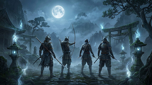 Ghost of Yōtei Legends: Gardiens de la Nuit Lunaire Quatre samouraïs en armure dans un paysage japonais brumeux sous une pleine lune, avec temple, torii et lueurs fantomatiques bleues.