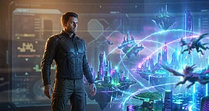 Héros de jeu vidéo en veste blindée, regardant une cité futuriste flottante avec des bâtiments lumineux et des créatures ailées.